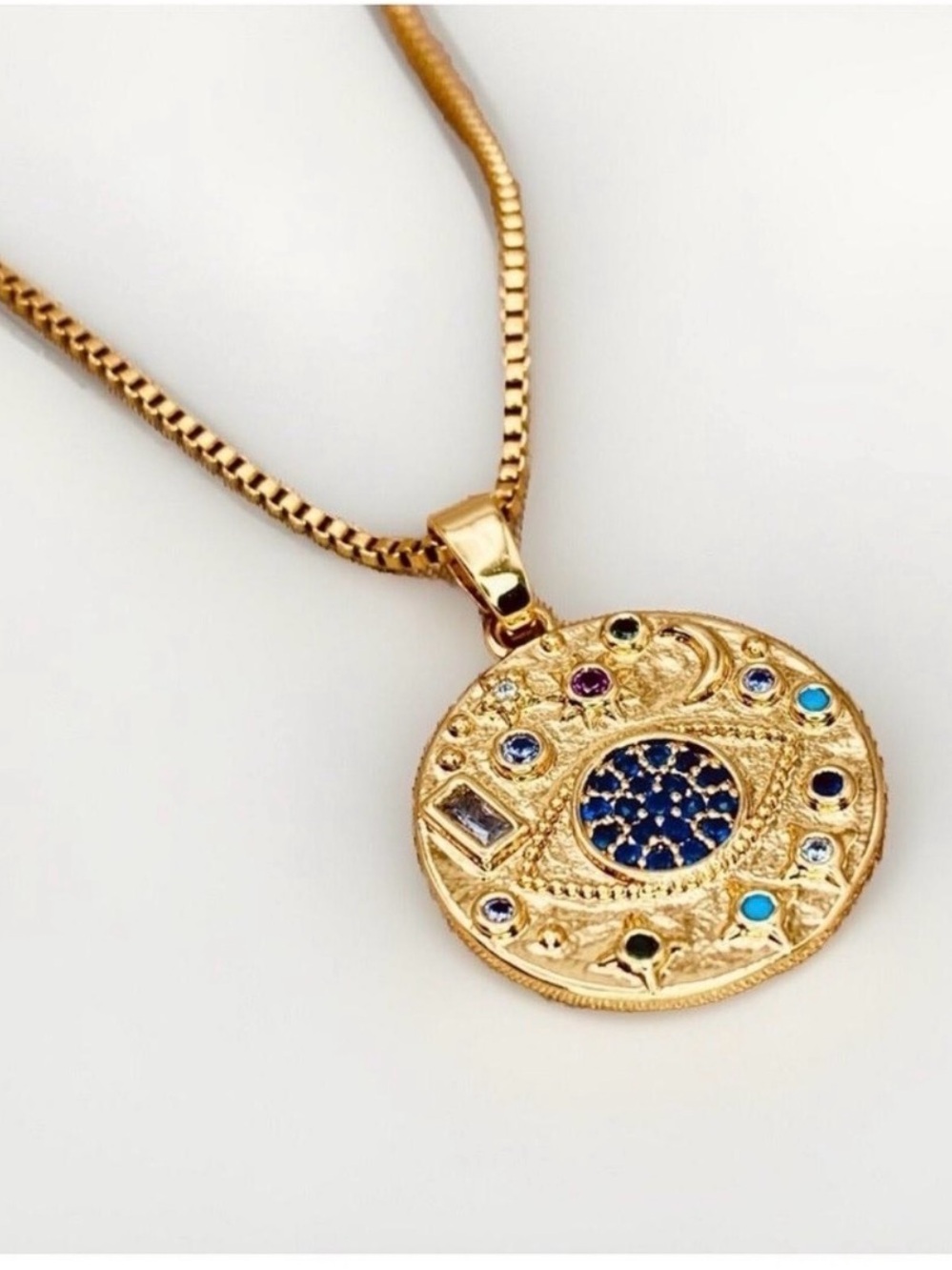 Gold Plated Evil Eye Circular Medallion Pendant Necklace Stainless Steel Neck